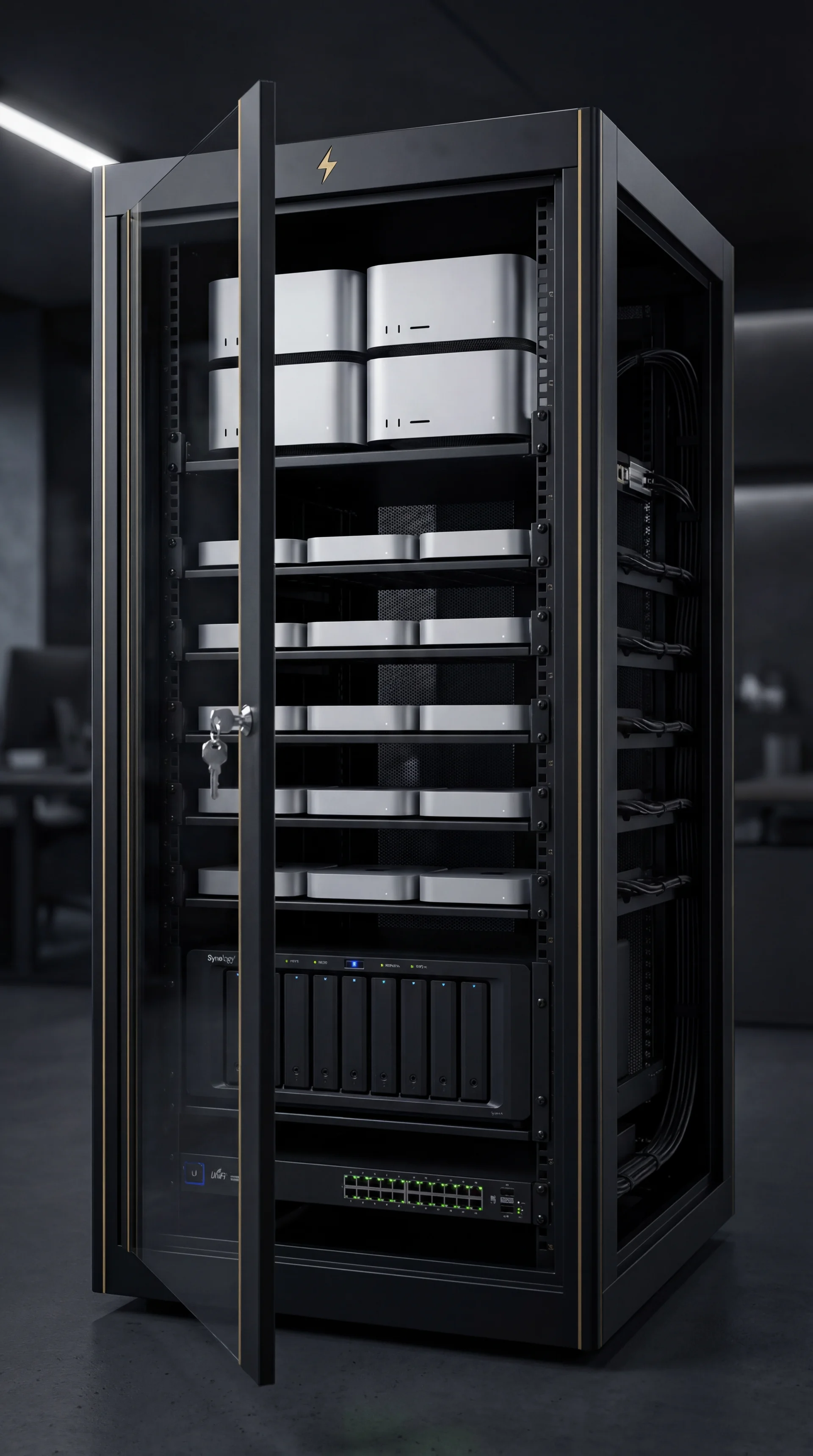 Sovereign ATX enterprise rack — Mac Studios, Mac Minis, Synology NAS in locked enclosure